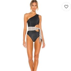 Gorgeous One Piece Bathing Suit with Taupe Spotted Waist Wrap